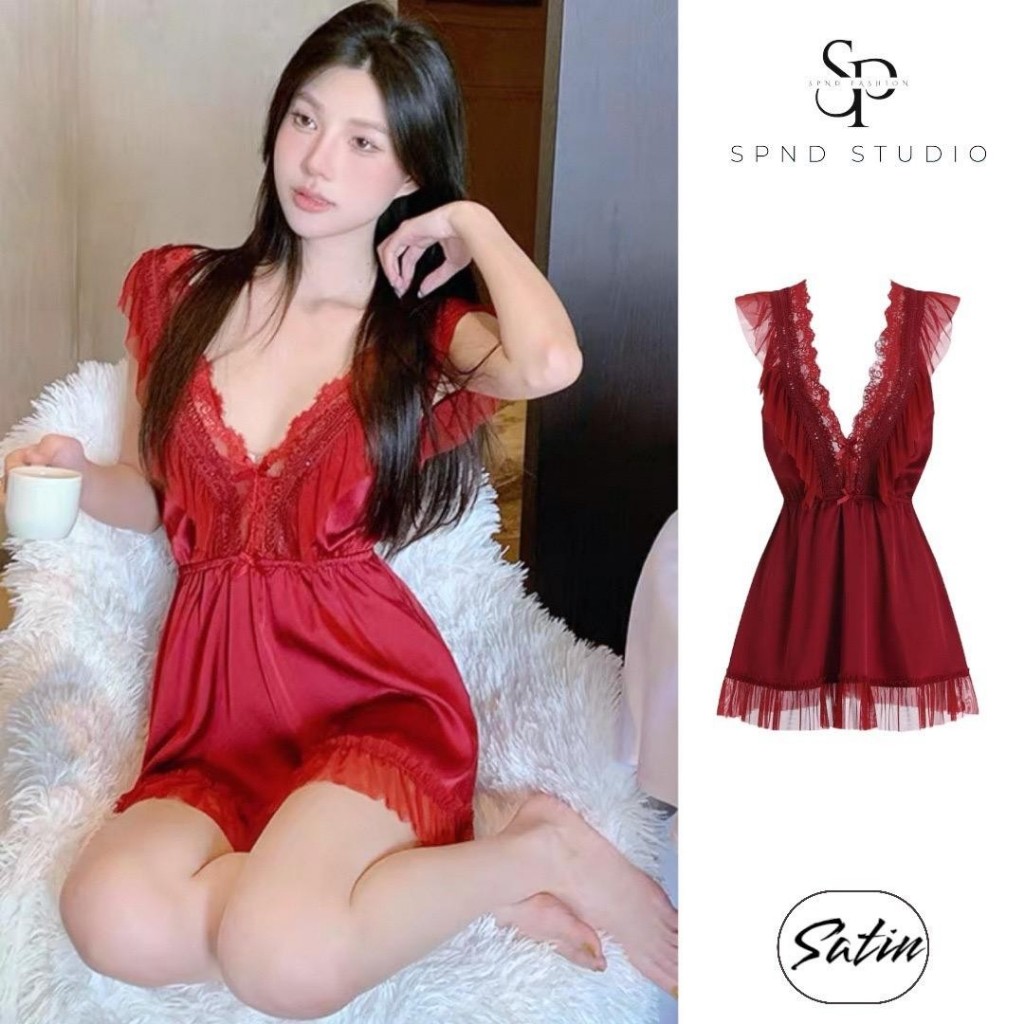 พร้อมส่ง 🩶ชุดนอนซาติน SPND เกรดดี คอวีแต่งระบายสี (พร้อมส่ง🇹🇭) สำหรับผู้หญิง