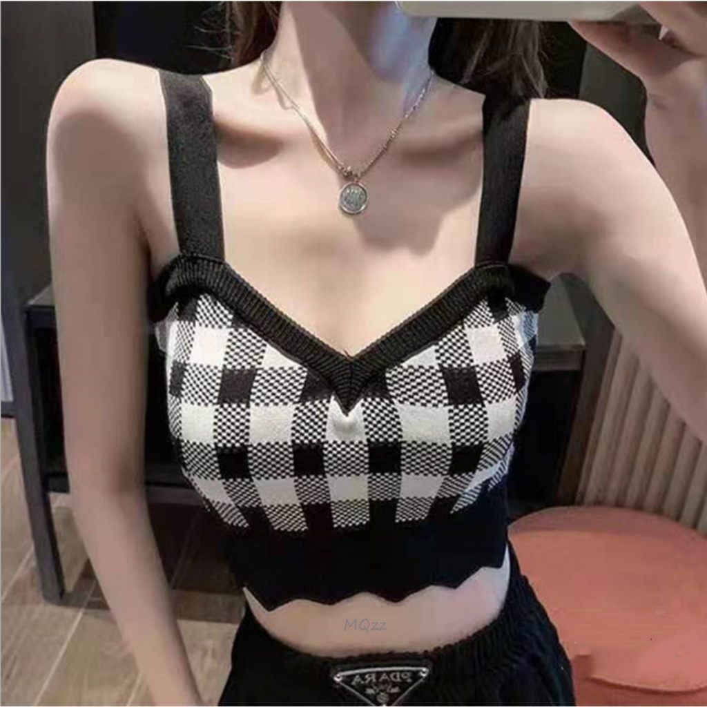 MQzz4289 *พร้อมส่ง* เสื้อสายเดี่ยวไหมพรม เสื้อครอป ลายสก็อต เอวลอย Free Size