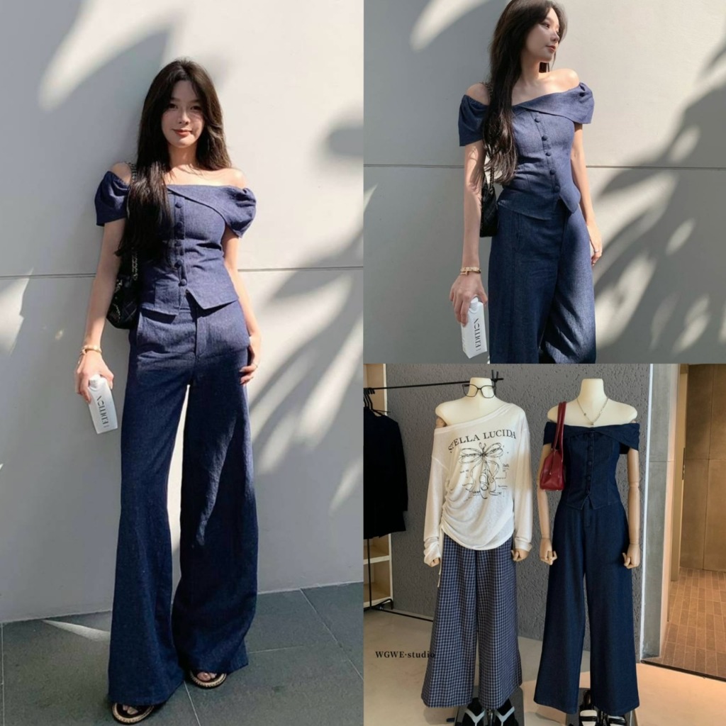 set2pcs. เสื้อปาดไหล่ผ้ายีนส์+กางเกงขายาวรุ่น 6773 TAG WG.WE 🇰🇷