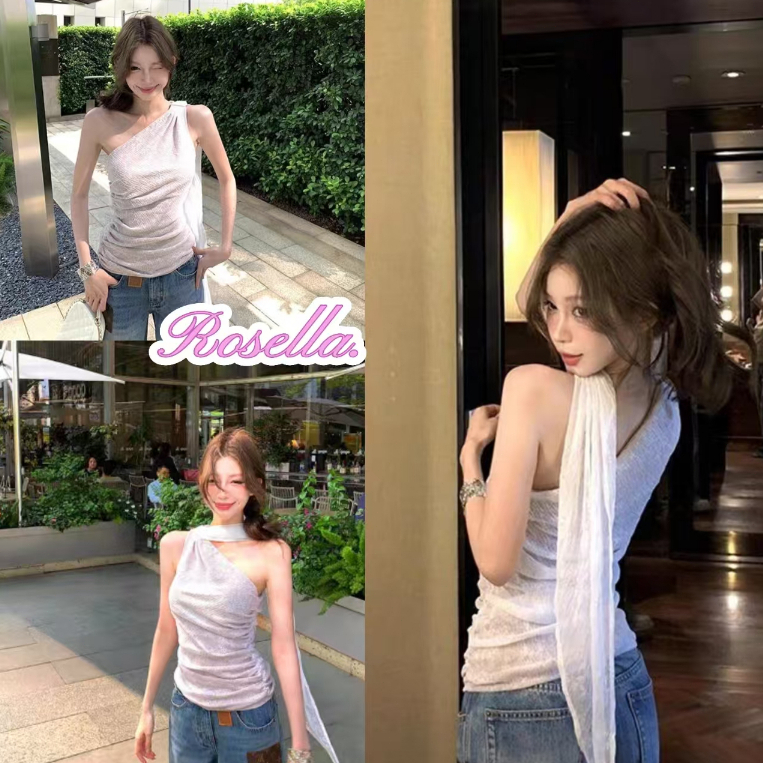 Rosella✨เสื้อกล้ามแขนกุดทรงเข้ารูปคอวีเปิดไหล่สีขาวเซ็กซี่แบบใหม่สำหรับฤดูร้อนสำหรับผู้หญิง