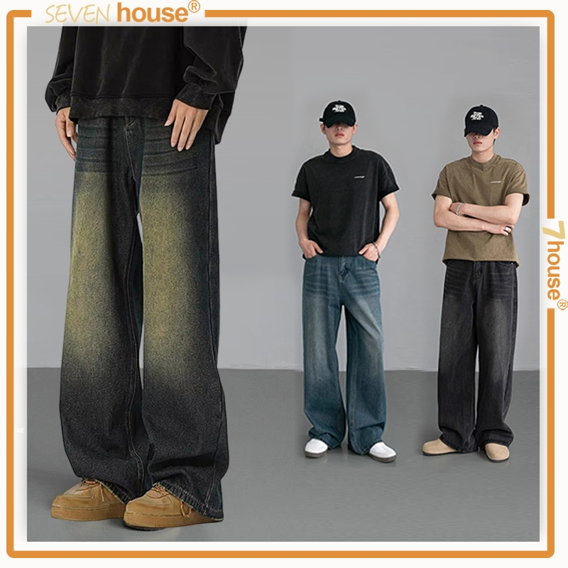 SEVEN ยีนส์ผู้ชาย baggy jeans วินเทจ กางเกงขายาว เอวกลาง denim ไซส์ใหญ่ สตรีท วินเทจเอวสูงไม่มากสีเฟ
