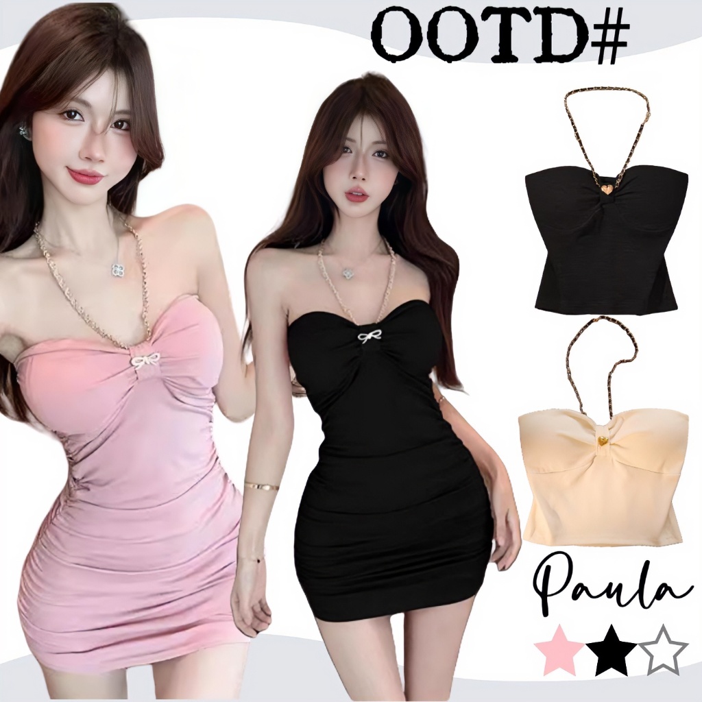 Paula พร้อมส่ง🧸ชุดเดรสสั้น เดรสรัดรูป🎀เสื้อคล้องคอเซ็กซี่ผู้หญิง แกาะอก ชุดไปทะเล ดูแพง สไตล์เวียดนาม ชุดเข้ารูป
