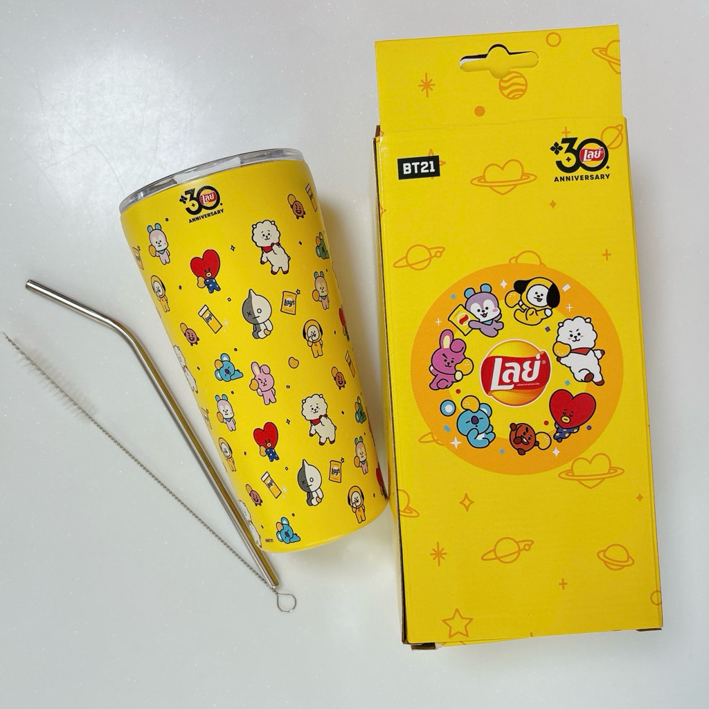 BT21 x Lay’s 30 ปี แก้วเก็บความเย็น สีเหลือง พร้อมหลอดและแปรงทำความสะอาด (ของใหม่ในแพ็ค)