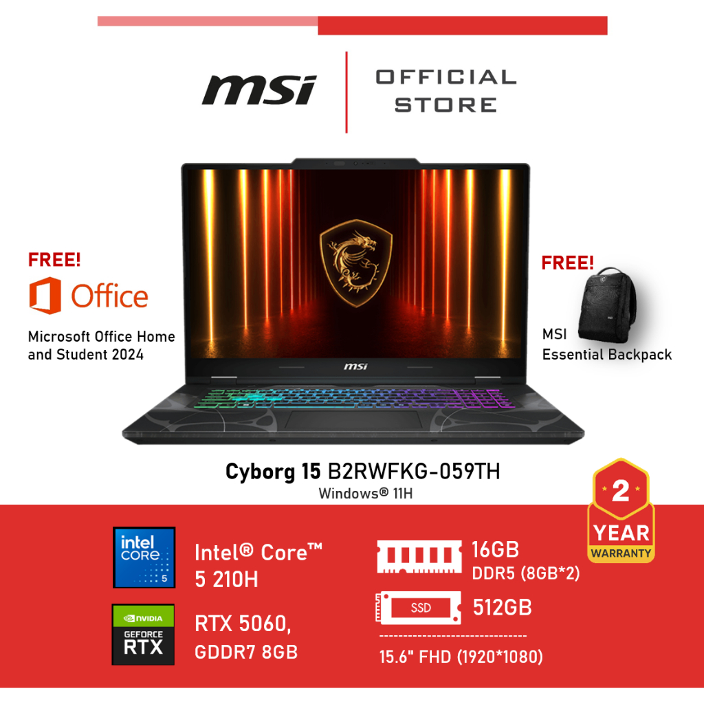 [Pre-Order] MSI Cyborg 15 B2RWFKG-059TH (NVIDIA® GeForce RTX™ 5060 Laptop GPU, GDDR7 8GB) Laptop
