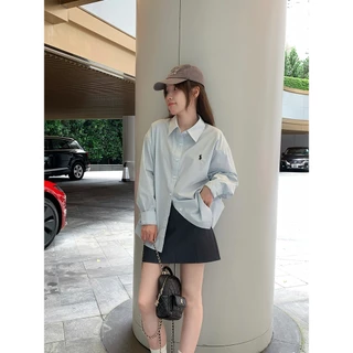 ♥เสื้อเชิ้ตแขนยาวสไตล์เกาหลี เสื้อกันแดดสำหรับผู้หญิง ปักลายม้าโพนี่ ลำลอง หลวมๆ อารมณ์เรียบง่าย ทันสมัยและอเนกประสงค์