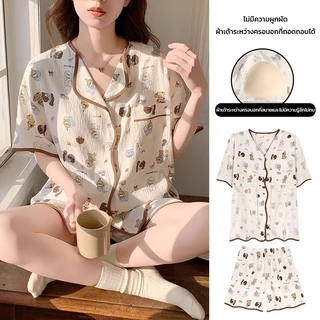 💚พร้อมส่ง💚ชุดนอนผู้หญิง มีบราในตัว ชุดนอนแขนสั้นขาสั้น ลายการ์ตูน เนื้อผ้าใส่สบาย น่ารัก ขนาดใหญ่ M-4XL