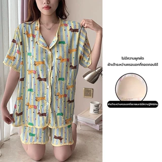 💚พร้อมส่ง💚ชุดนอนผู้หญิง มีบราในตัว ชุดนอนแขนสั้นขาสั้น ลายการ์ตูน เนื้อผ้าใส่สบาย น่ารัก ขนาดใหญ่ M-4XL