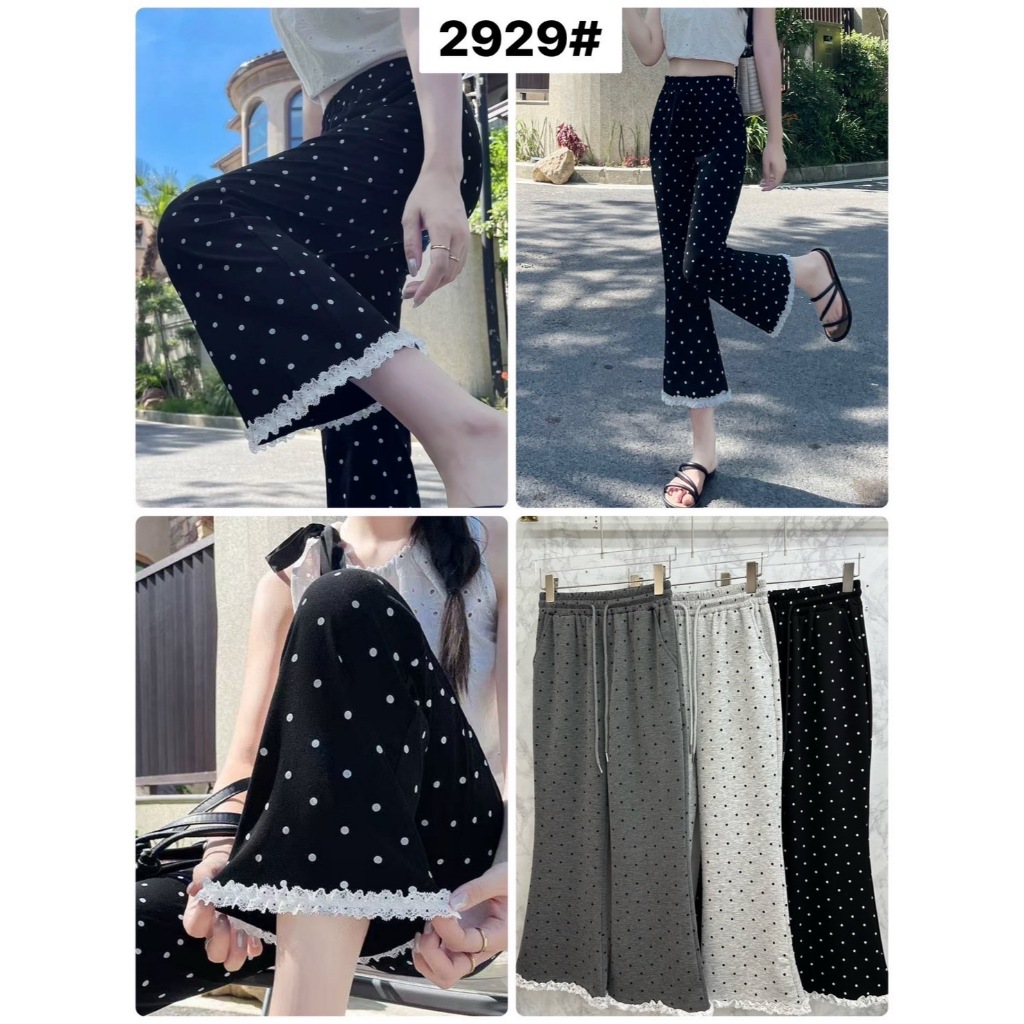 2929# กางเกงวอร์มขาม้า*ลายจุด* แต่งชายลูกไม้สีขาวที่ชายกางเกง ผ้าวอร์มนาโน เอว24-30 นิ้ว