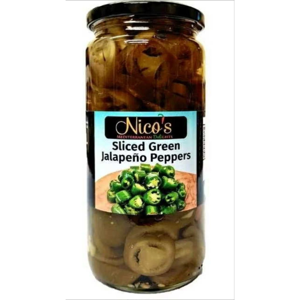 นิโคส์ พริกฆาลาเปญโญเขียวดอง 480 กรัม Nico’s Sliced Green Jalapeno Peppers 480g