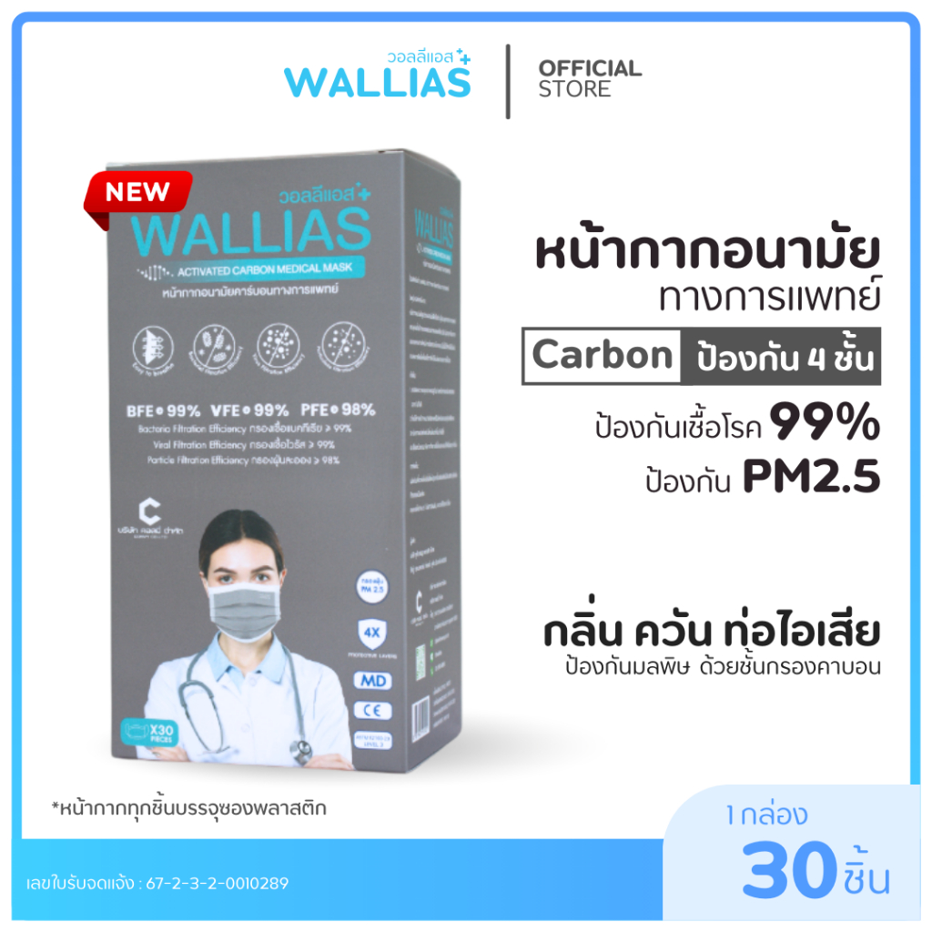 Wallias หน้ากากอนามัยคาร์บอน 30ชิ้น/กล่อง หนา 4 ชั้น  กันฝุ่นPM2.5 กันกลิ่น Activated Carbon Medica Mask