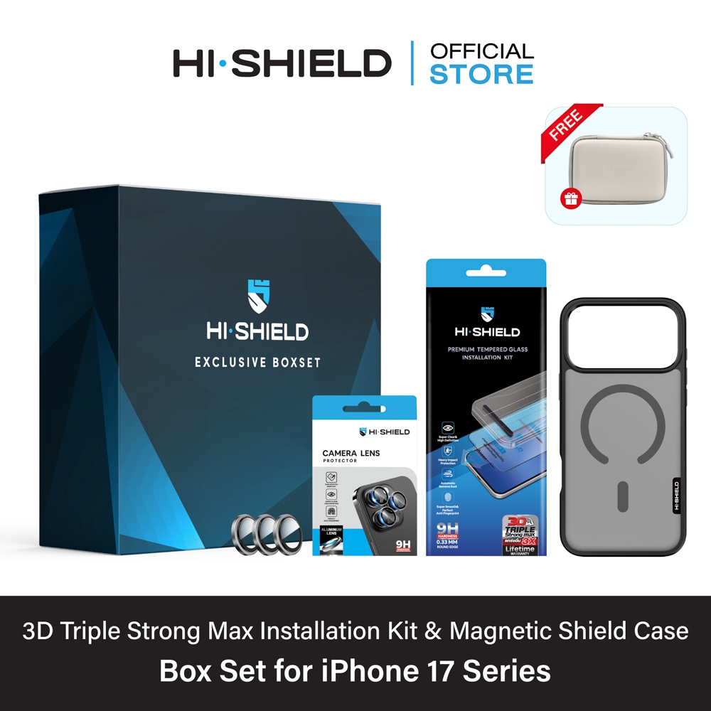 [iPhone17] HI-SHIELD 3D Triple Strong Max Box Set [BS4] - ฟิล์มกระจก ฟิล์มกล้อง เคสกันกระแทก 1.5 ม. [แถมชุดติดตั้ง]