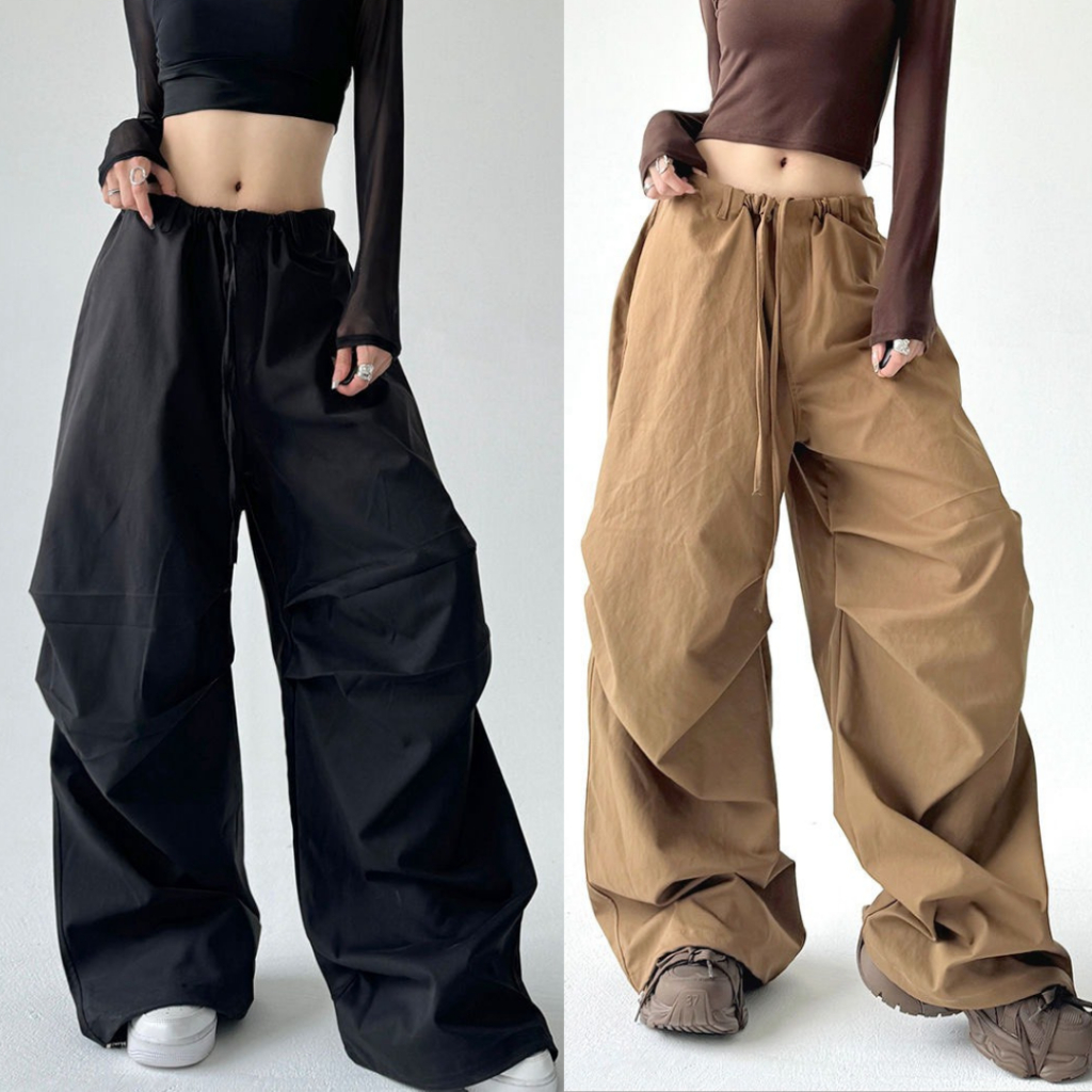 กางเกงคาร์โก้ขายาวขากว้าง S-10XL เอวสูงเอวสม็อคมีเชือกรูดข้อเท้า