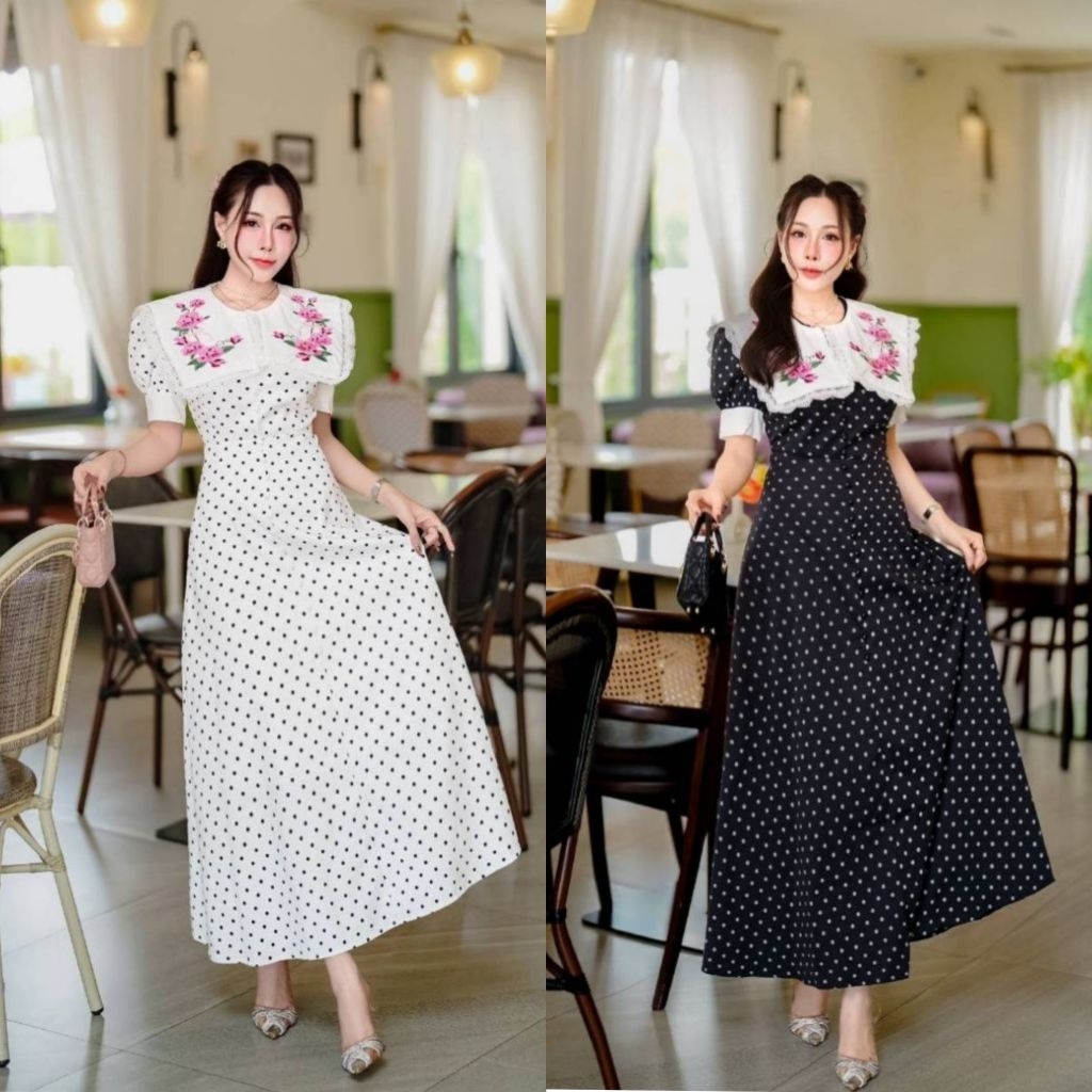 เดรสยาว ลายสวย คอปกงานปัก แต่งระบายลูกไม้ ป้าย Siam