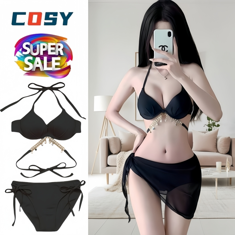 A04-ชุดว่ายน้ำผู้หญิง ชุดบิกินี่  Bikini Set ชุดว่ายน้ำบิกินี่ Set 3 pcs. (ขนาดก่อนยืด : รอบอก38" เอว28") สินค้าพร้อมส่ง