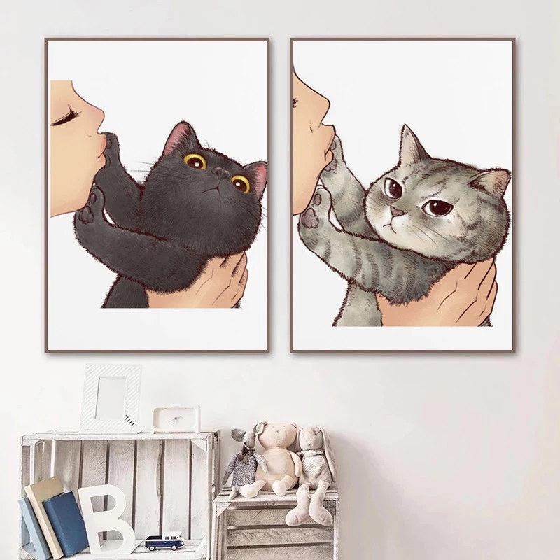 (พร้อมส่งจากไทย ภาพรวมกรอบ)ผ้าแคนวาส แมว รูปการ์ตูน แมวน่ารัก สไตล์นอร์ดิก สําหรับตกแต่งบ้าน ห้องนั่งเล่น