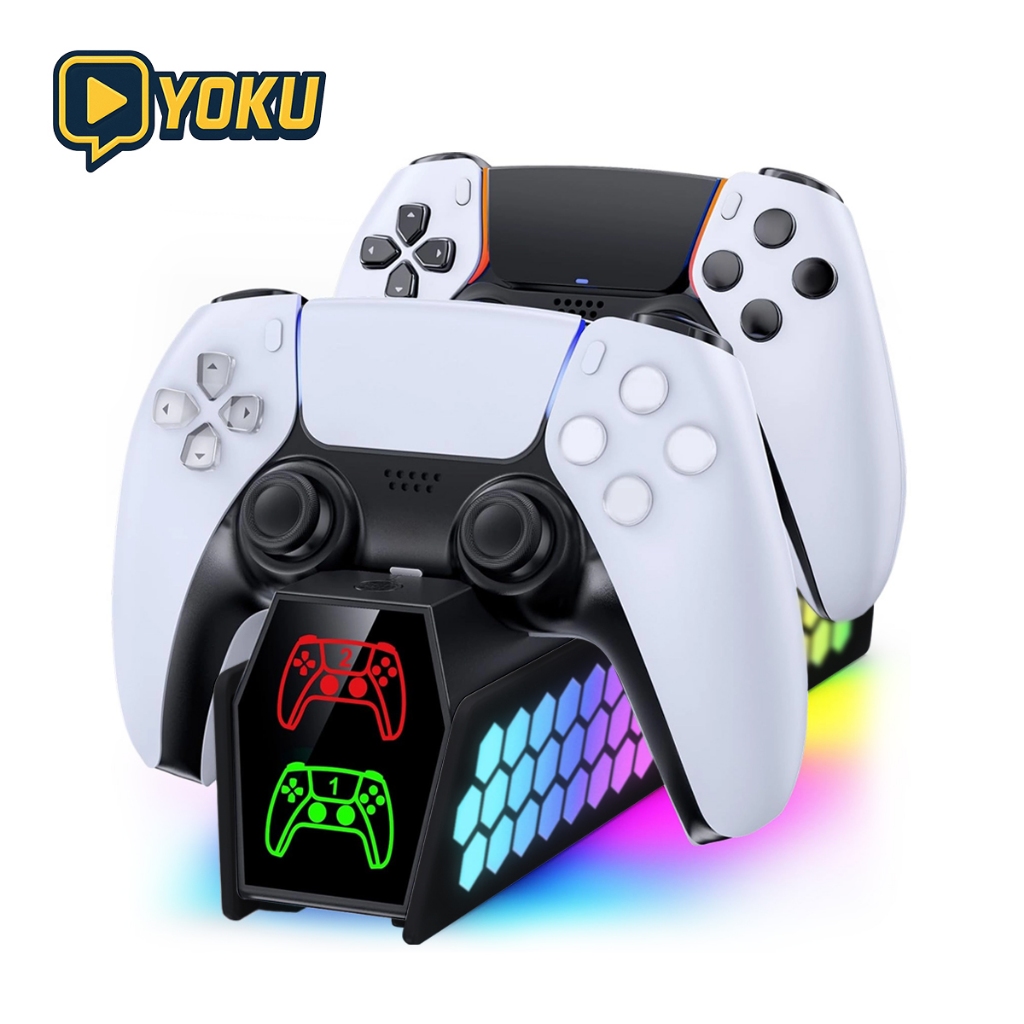 PS5 แท่นชาร์จ DualSense/Elite | ชาร์จจอย 2 ตัวพร้อมกัน | ไฟ RGB รังผึ้งหลากสี สวยล้ำ