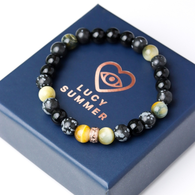 LUCYSUMMER กำไลข้อมือหินแท้ SNOW BLACK TIGER & Spacer (Snowflake, Black Obsidian,Multi-color Tiger eye)
