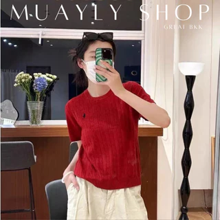 💗พร้อมส่ง 9สี✨️ เสื้อไหมพรม คอกลม แขนสั้น ทอลายทวิส ʕ•ᴥ•ʔつ ปักม้าโปโล ผ้านุ่มนิ่มมาก great bkk