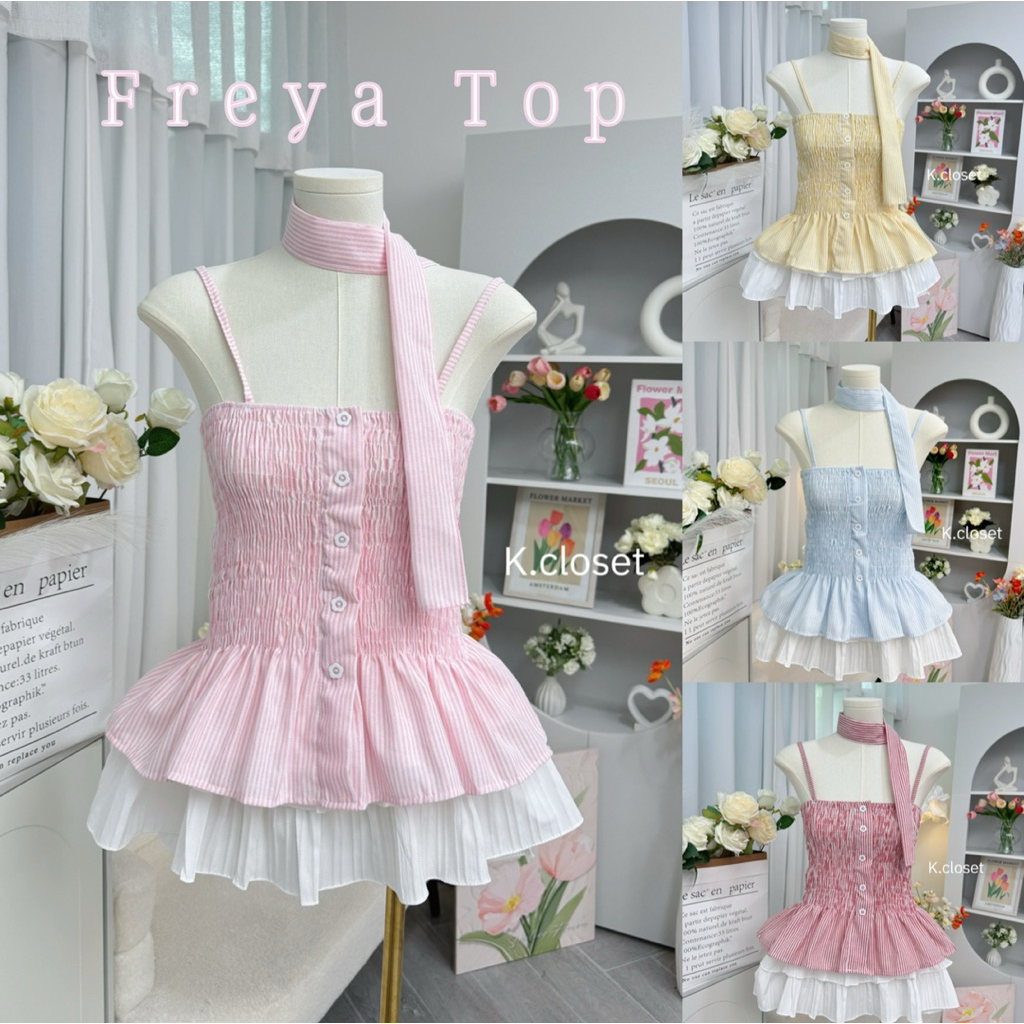 Freya Top เสื้อสายเดี่ยว + ผ้าพันคอแต่งกระดุมดอกไม้ สีพาสเทลสวยหวาน