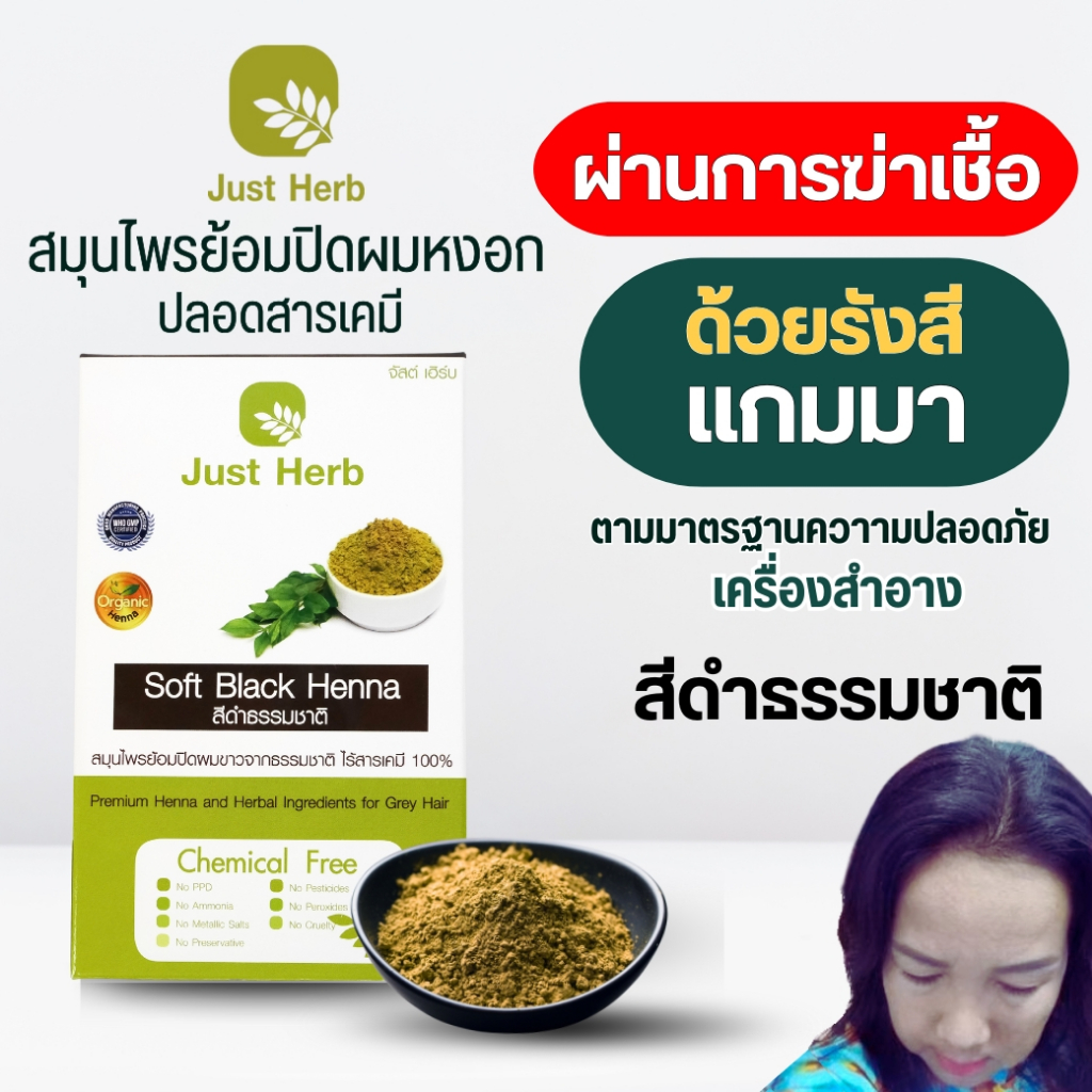 สมุนไพรย้อมหงอก สีดำธรรมชาติ ผ่านฆ่าเชื้อจุลินทรีย์ พืชล้วนไร้เคมี   จัสต์ เฮิร์บ Just Herb
