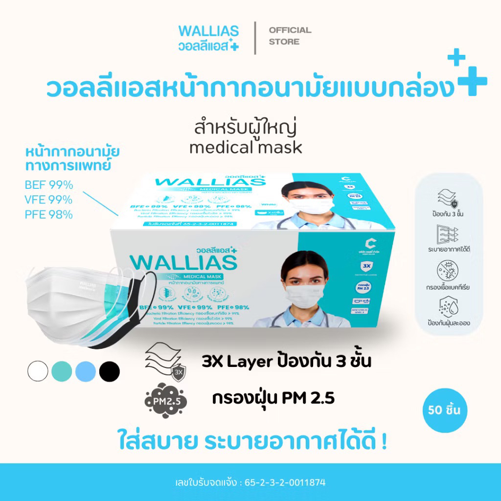 Wallias หน้ากากอนามัย [แบบกล่อง 50 ชิ้น] BFE>99% หน้ากากอนามัยทางการแพทย์ 3ชั้น Wallias วอลลิแอส