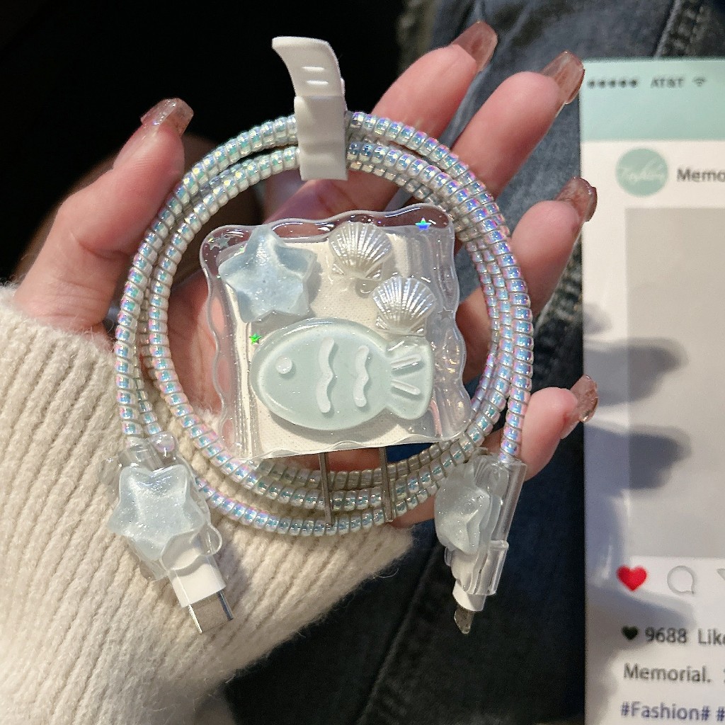 พร้อมส่งจากไทย ปลาฟ้า ชุดพันสาย เคสหัวชาร์จ ลายการ์ตูน ตัวถนอมสาย USB 20w 18w 35W