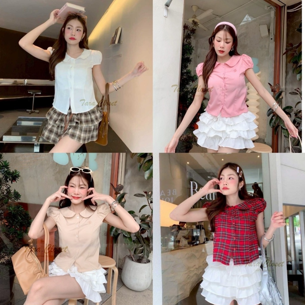 BA082 TARA Shirt เสื้อเชิ้ต คอบัว แขนตุ๊กตา กระดุมหน้า สีขาว-สีแดงลายสก็อต เนื้อผ้าสำลี-คอตตอน ผ้านิ่ม ใส่สบาย ไม่ร้อน