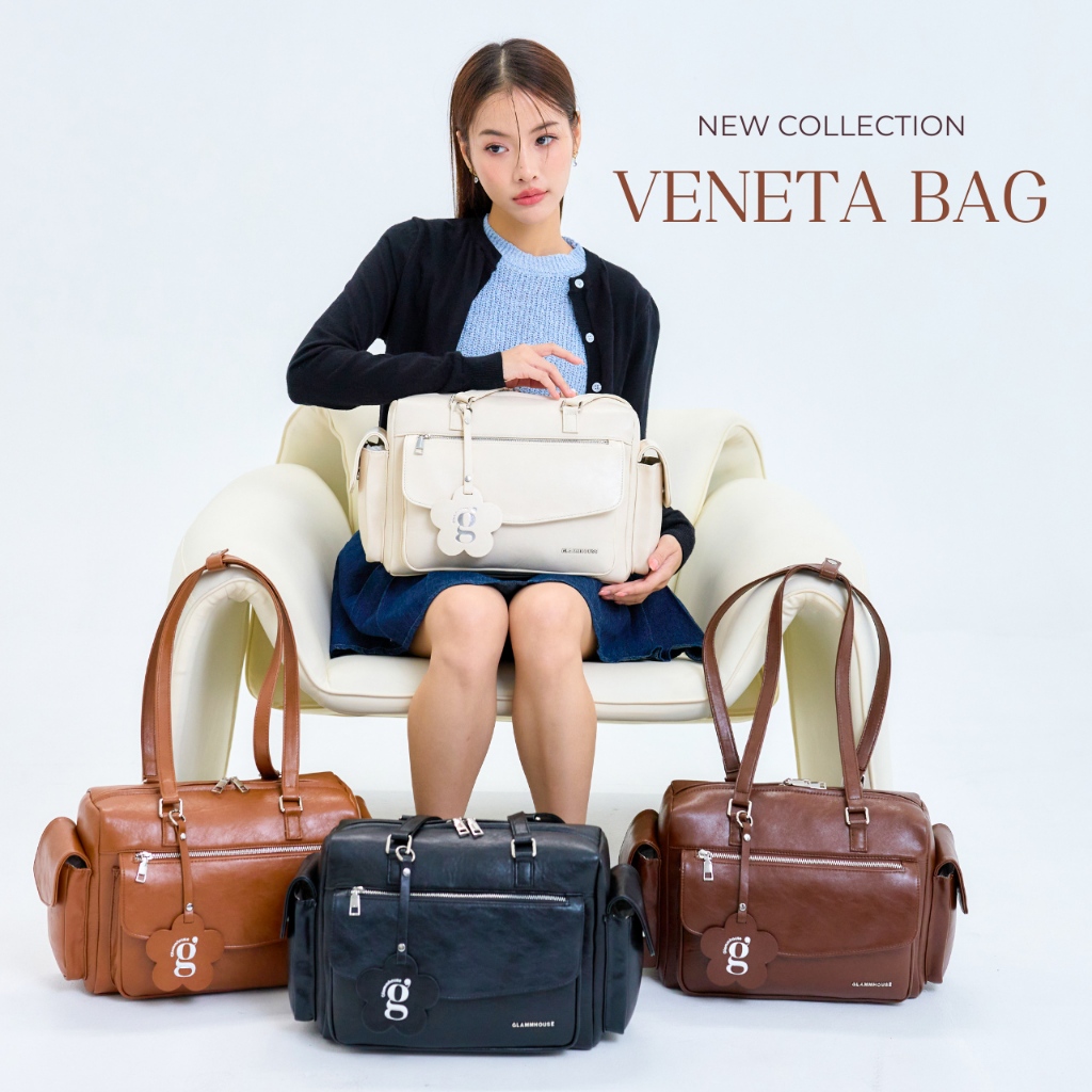 Glammhouse - Veneta bag รุ่นนี้ดีเทลเยอะมาก แถมพวงกุญแจ Glammhouse ทุกใบ กระเป๋าสะพายทรงน่ารักสไตล์เกาหลี ดีไซต์มีช่องด้