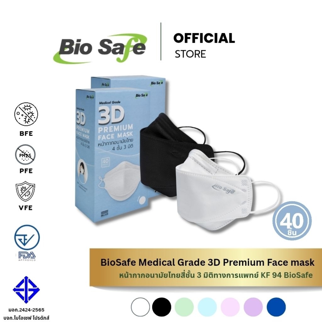 หน้ากากอนามัย 3 มิติ กันฝุ่น PM2.5 เชื้อโรค เกรดแพทย์ กล่อง 40 ชิ้น | 3 D Premium KF 94 BioSafe