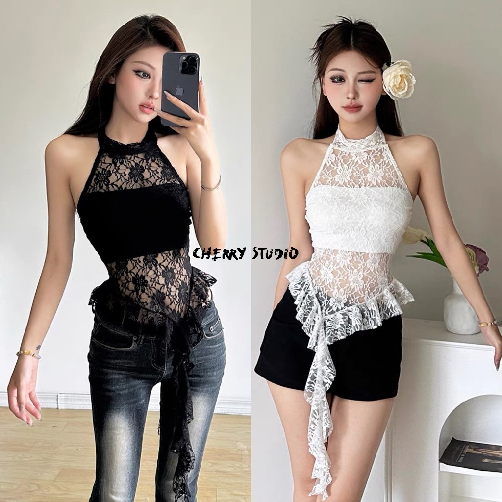 Cherry✨พร้อมส่ง✨เสื้อลูกไม้ทรงคอเต่าผูกคอระบาย เสื้อเกาะอก Y2Kแฟชั่นเซ็กซี่ผู้หญิง ชายแต่งระบาย สไตร์สาวเวียดนาม เสื้อคร