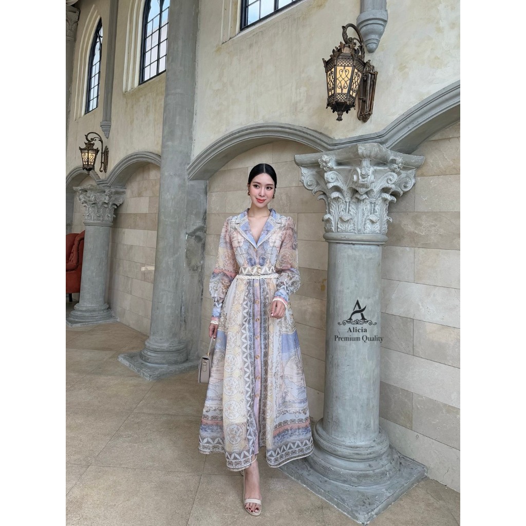 ALICIA BRAND ALC019 ชุดเดรสยาวพิมพ์ลายแขนยาว