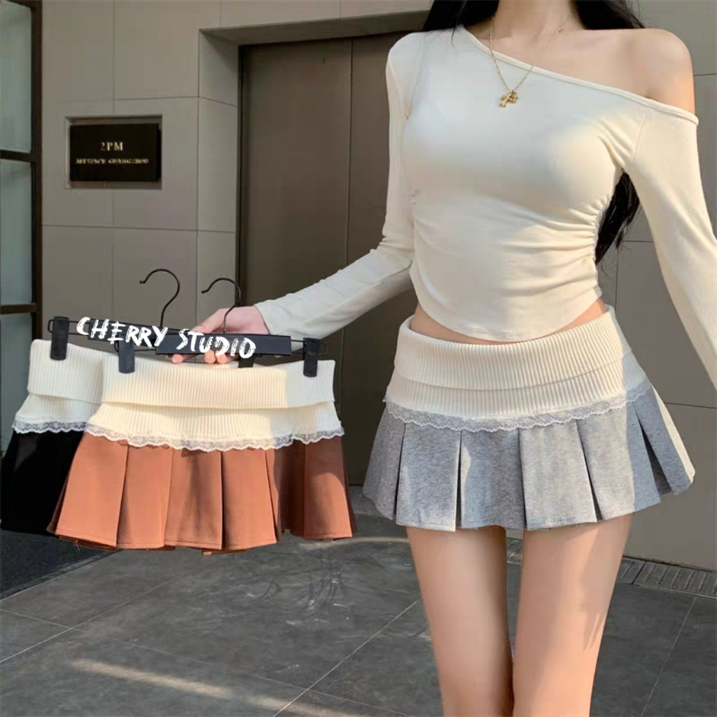Cherry✨พร้อมส่ง✨กระโปรงสั้นผู้หญิง🐼เอวสม๊อคแต่งลูกไม้ ทรงรัดเอว กระโปรงพลีทสั้นสุดฮิต เนื้อผ้าดี เซ็กซี่แซ่บ ใส่ไปทะเล
