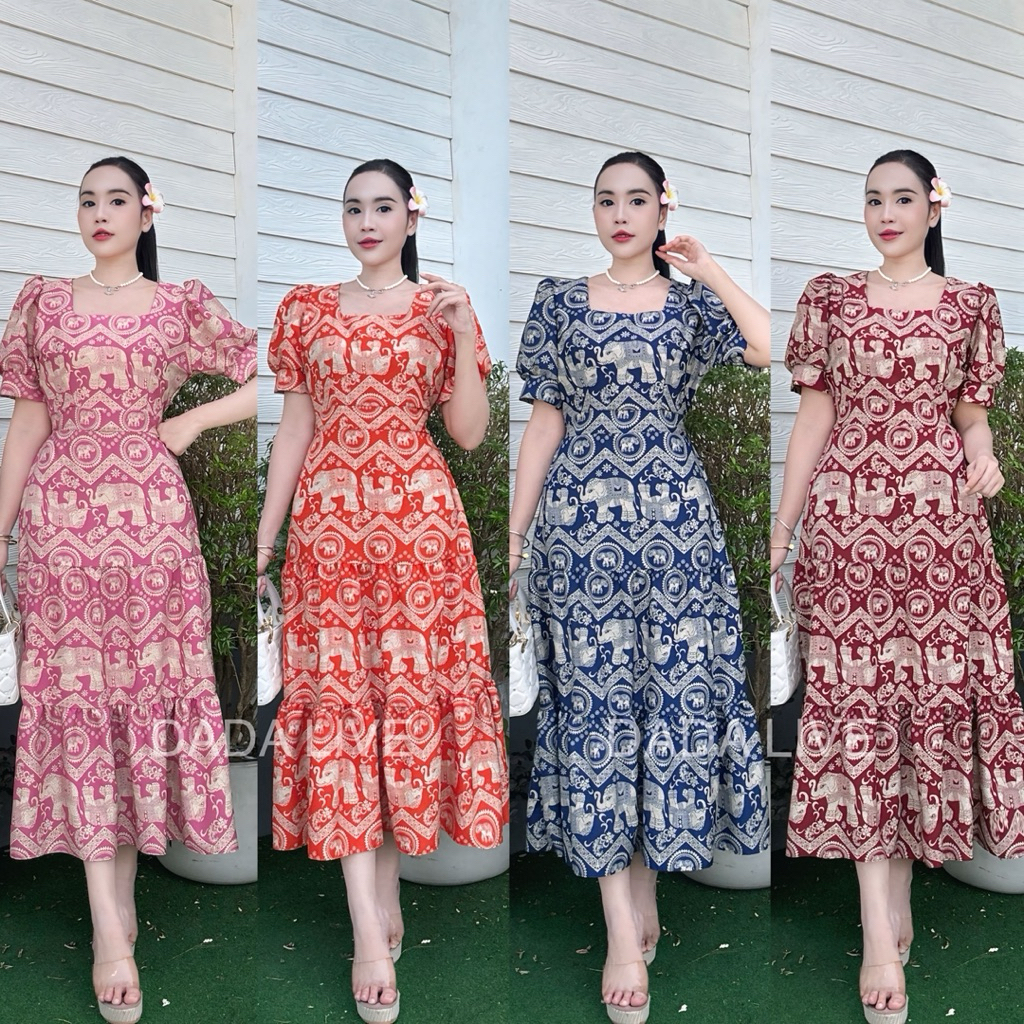 ชุดเดรสยาว ผ้าอิตาลี่ กระโปรงระบาย2ชั้น ยาว48“ลายช้าง