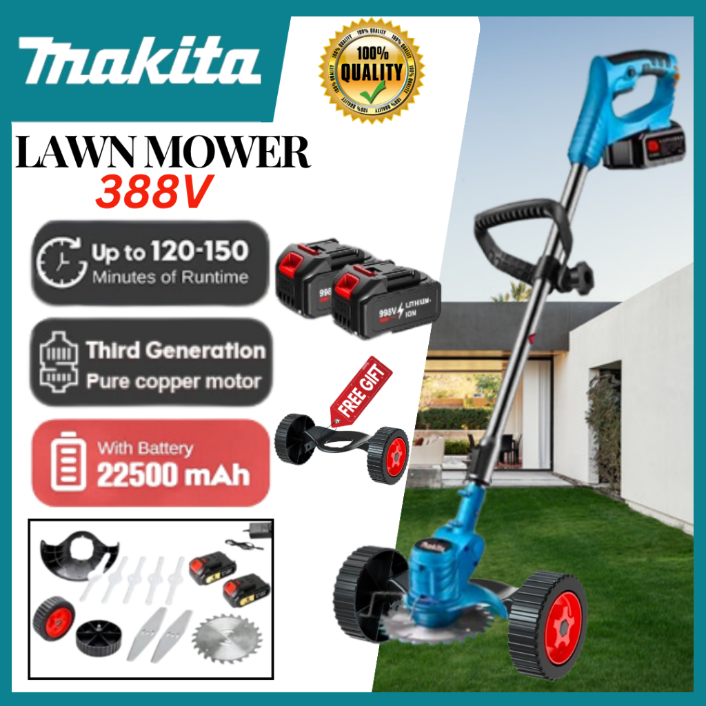 Makita เครื่องตัดหญ้าไฟฟ้าไร้สายทรงพลัง 388V ที่กันจอนหญ้าแบตเตอรี่ลิเธียมแบบชาร์จไฟได้ 2 Battery