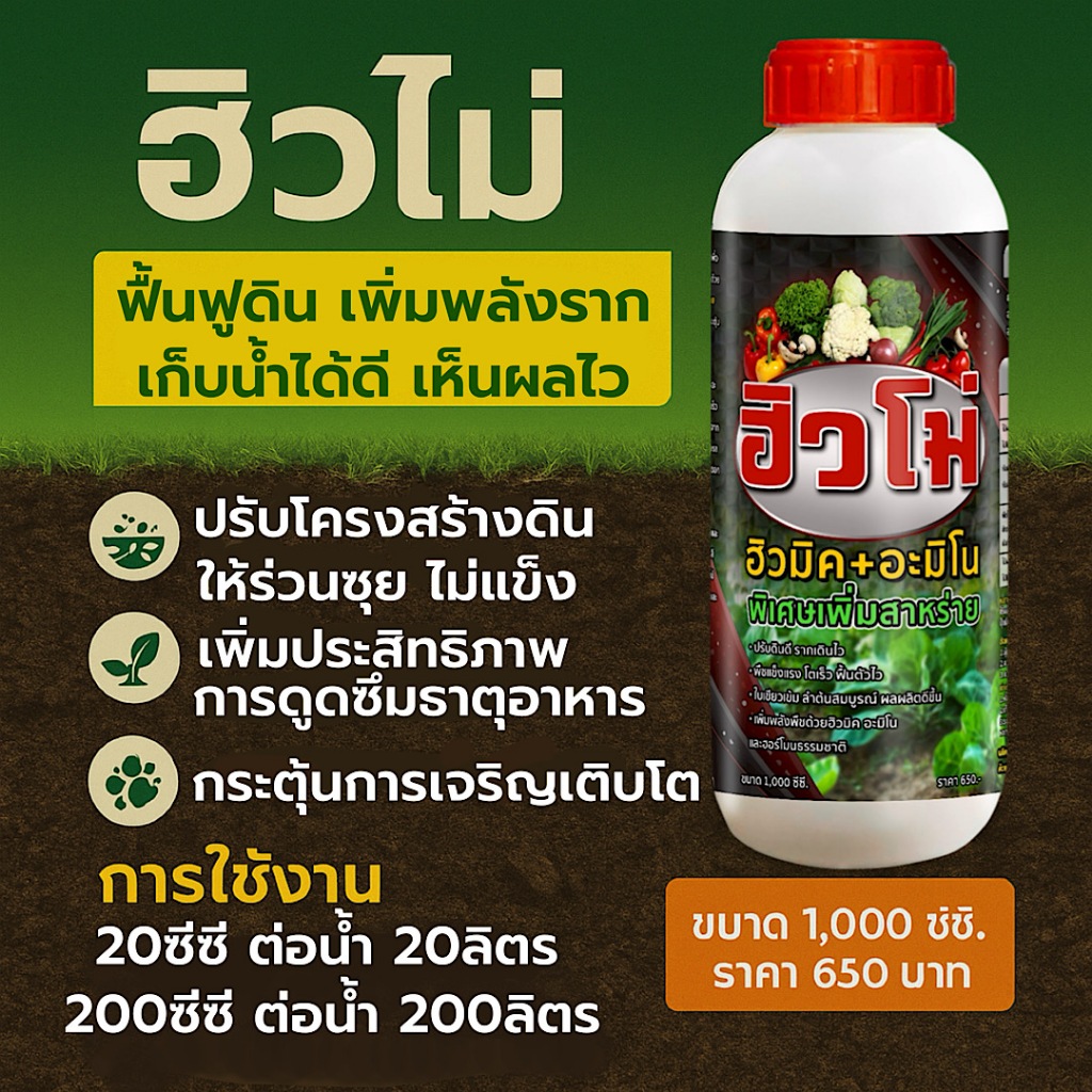 ฮิวโม่ ฮิวมิคอะมิโน สูตรเพิ่มสาหร่าย บำรุงดินและใบ เพิ่มการดูดซึมธาตุอาหาร เร่งการเจริญเติบโต