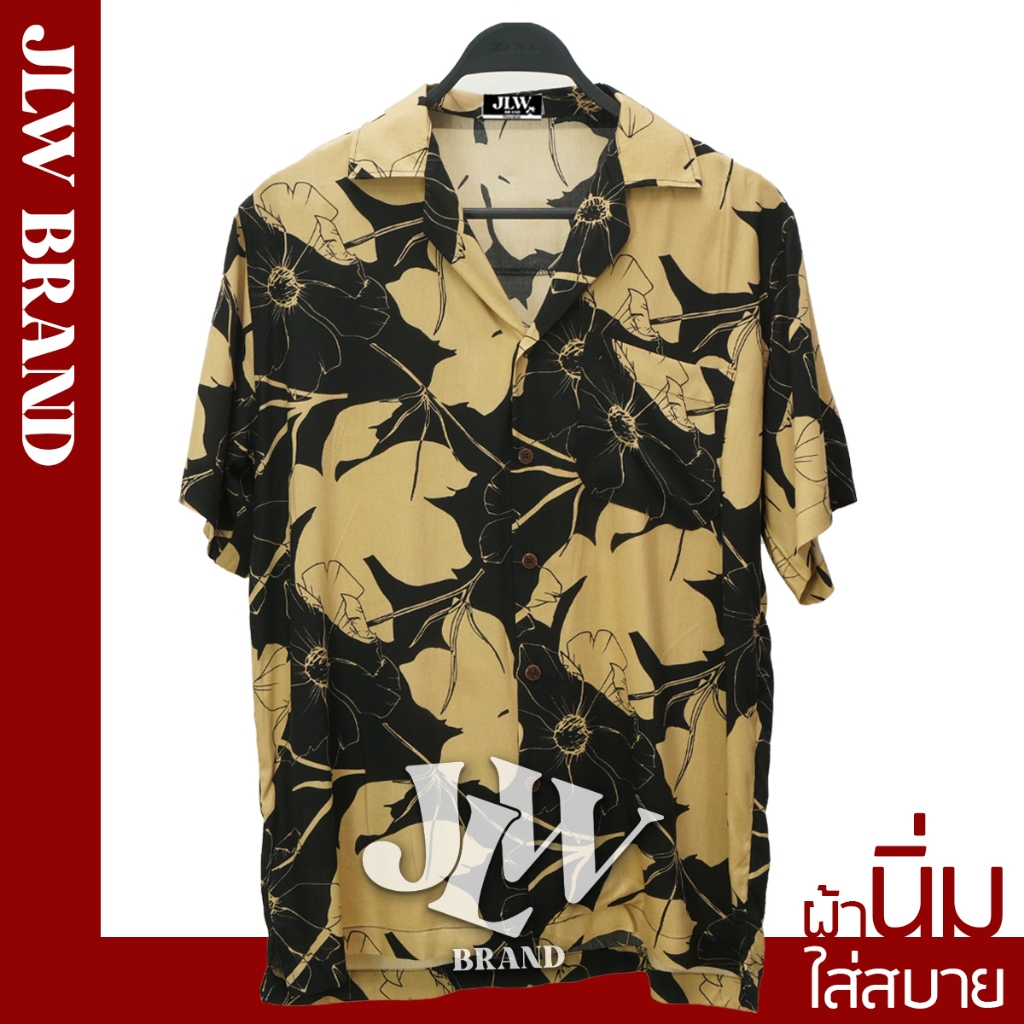 เสื้อฮาวาย ลายดอกใหญ่ ดำ ผ้านิ่ม M L XL Oversize คอฮาวาย JLW BRAND