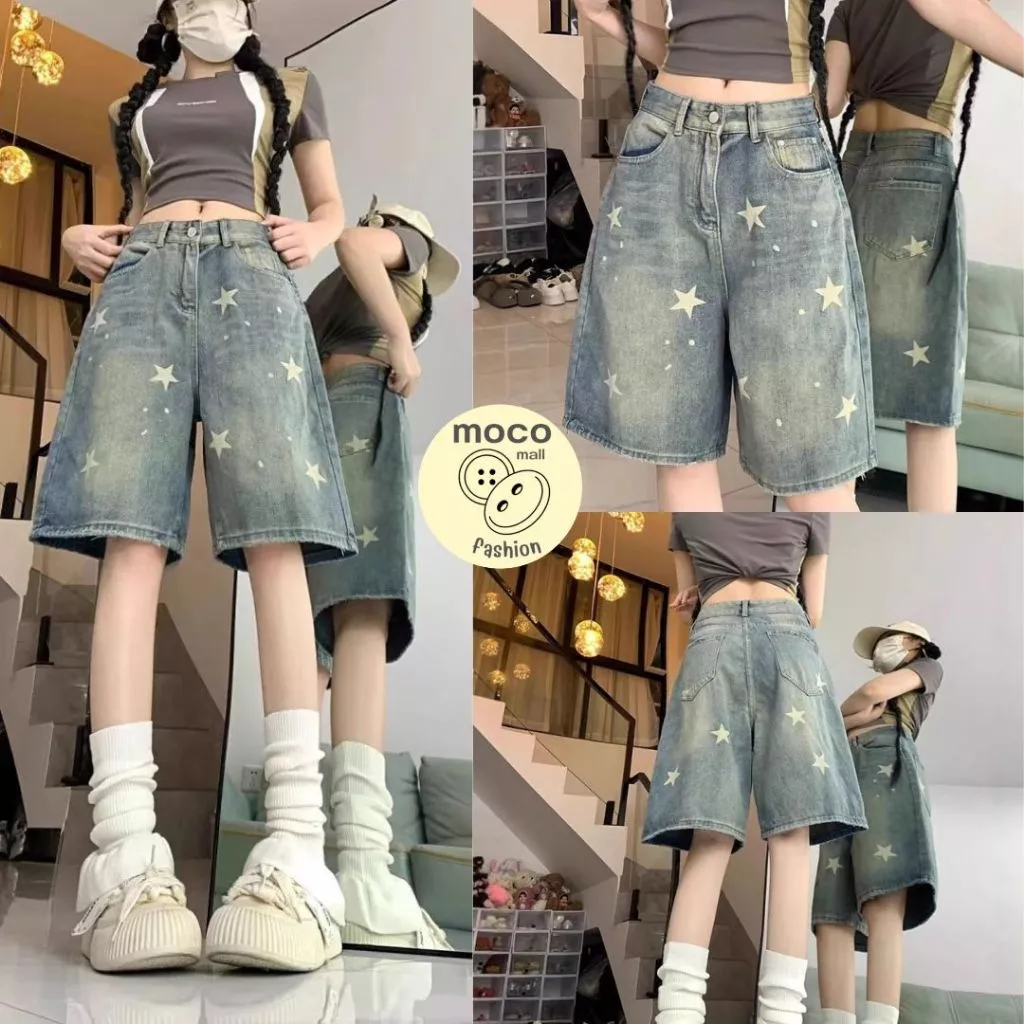 1729-NEWSIZE/XS-8XLกางเกงยีนส์สีสนิมลายดาว3ส่วนเอวกลางผ้านุ่มใส่สบายใส่ได้ทั้งชายละหญิง