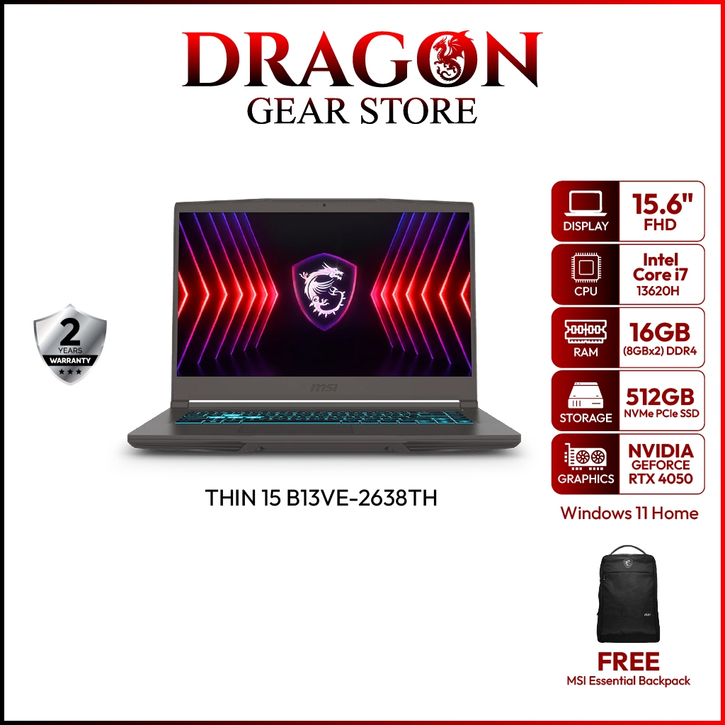 MSI NOTEBOOK THIN 15 B13VE-2638TH | 15.6" | RTX 4050 | i7-13620H | 16GB DDR4 | 512GB SSD | Windows 1