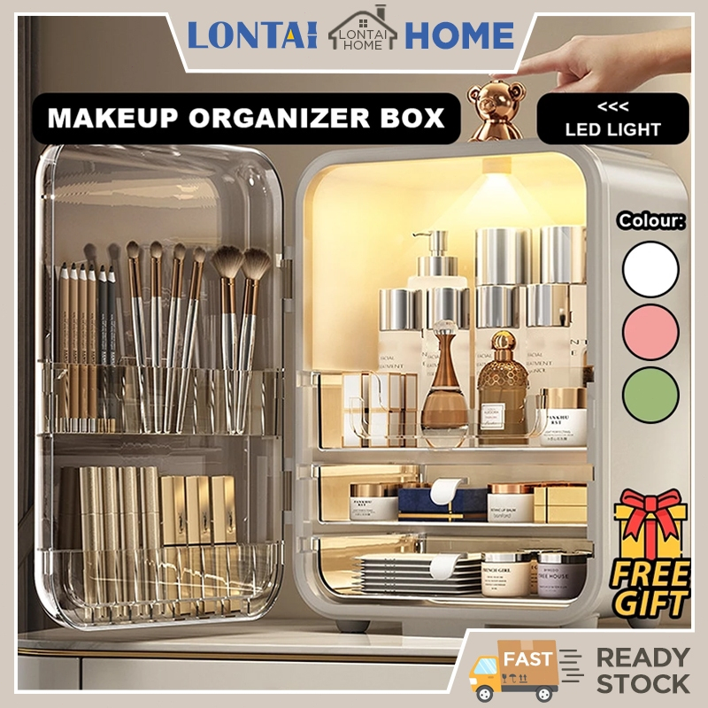 LONTAI กล่องเก็บเครื่องสำอางพร้อมไฟและกระจก | กล่องเก็บเครื่องสำอางกันฝุ่น
