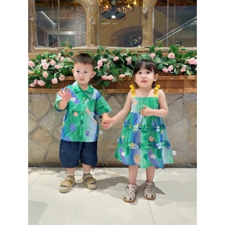 AY092 เซตพี่น้องแสนซน สดใสน่ารัก สไตล์แฟชั่นเด็ก เสื้อเชิ้ตพี่ชาย + เดรสน้องสาว คู่กันน่ารักที่สุด