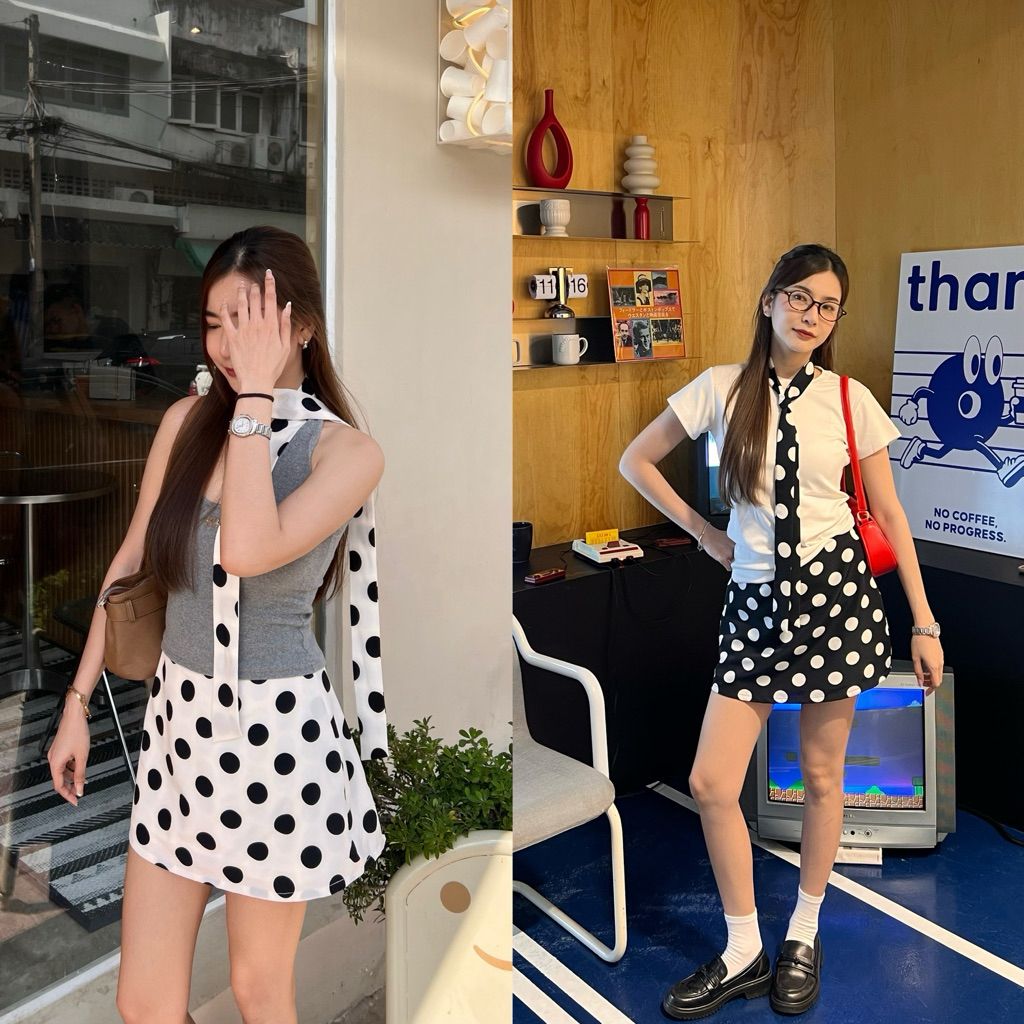 BRB : Polka dots skirt กระโปรงสั้น XS-2XL ลายจุด เอวสูง ซับใน2ชั้น แถมเชือกผูกผม 1 เส้น
