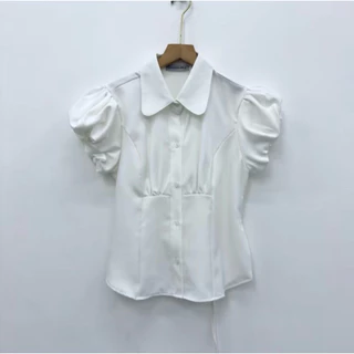 เสื้อเชิ๊ตคอปก แขนฟักทอง ผ้าสโนว์ ด้านหลังมีสายปรับเข้ารูป