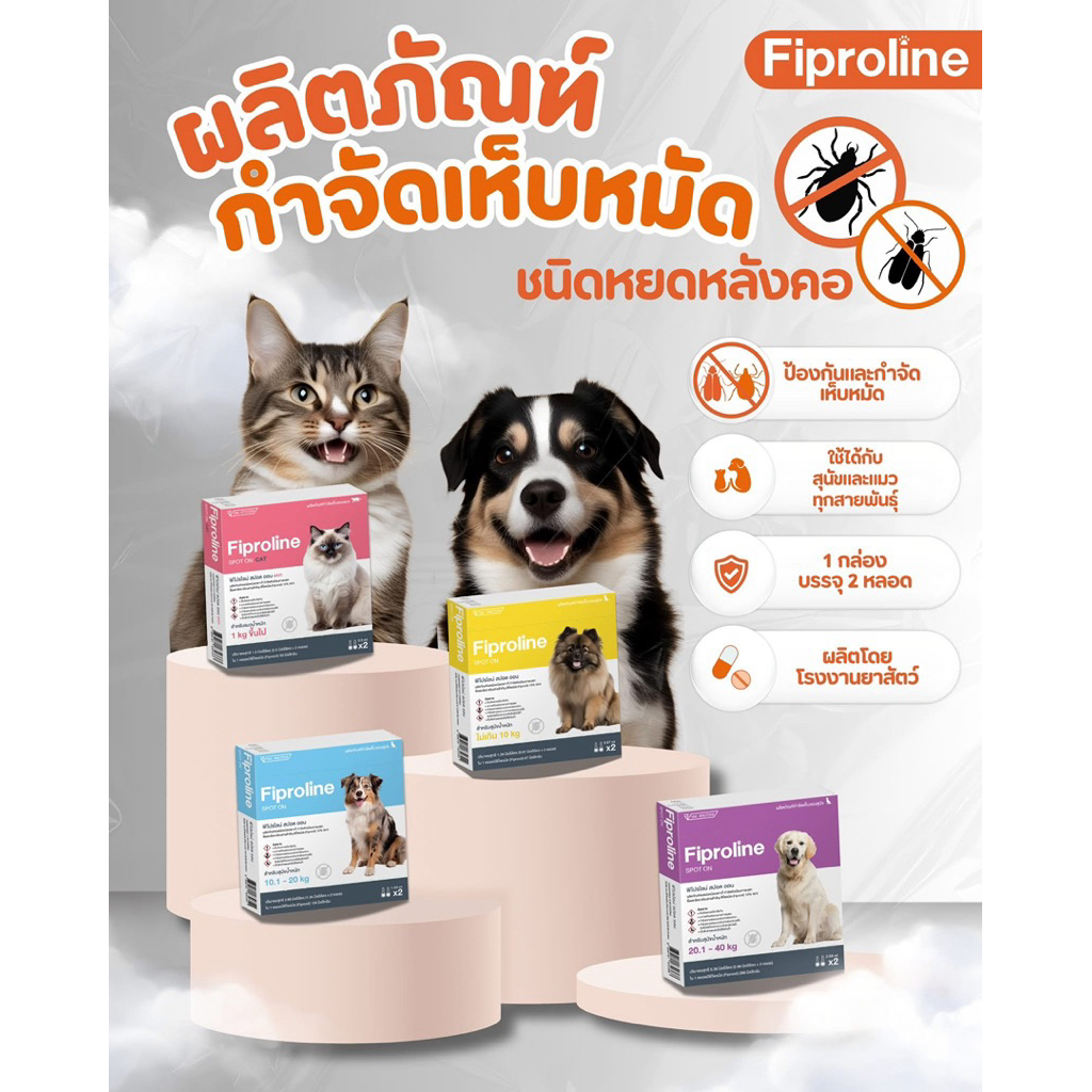 (( แพคเกจใหม่ )) Fiproline Spot On 1 แผง 2 หลอด กำจัดเห็บหมัด สำหรับสุนัขและแมว