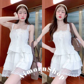 🔥aimorn_shop🔥เสื้อกล้ามแขนลูกไม้ ทรงสม็อคเจ้าหญิง ผูกโบว์ด้านหน้าแมทช์กับกระโปรง ใส่แล้วน่ารักมากก