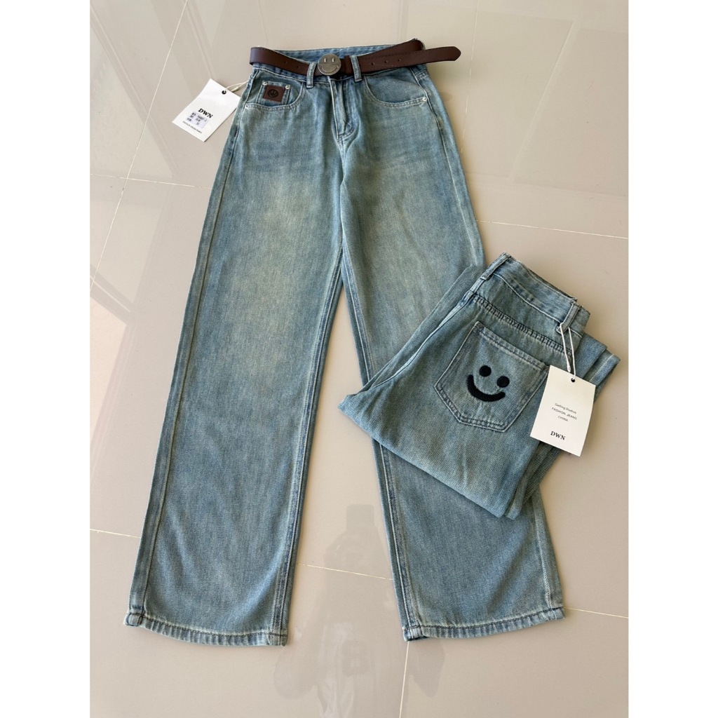 กางเกงยีนส์ทรงขากระบอกสียีนส์ฟอก  ผ้านิ่ม (มีเข็มขัดให้) #76007-1