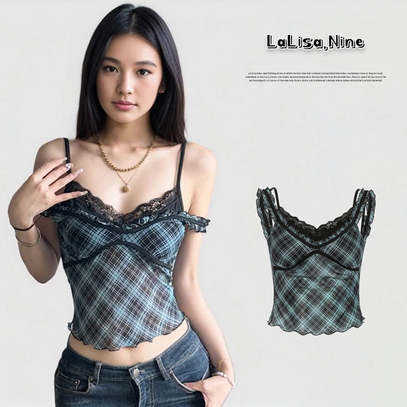 Lalisa พร้อมส่ง เสื้อครอปติดลูกไม้ สีฟ้า ทรงเข้ารูปY2K เสื้อปาด​ไหล่แขนสั้น อินเทรนด์ สไตล์ฝรั่งเศส เซ็กซี่แฟชั่นผู้หญิง