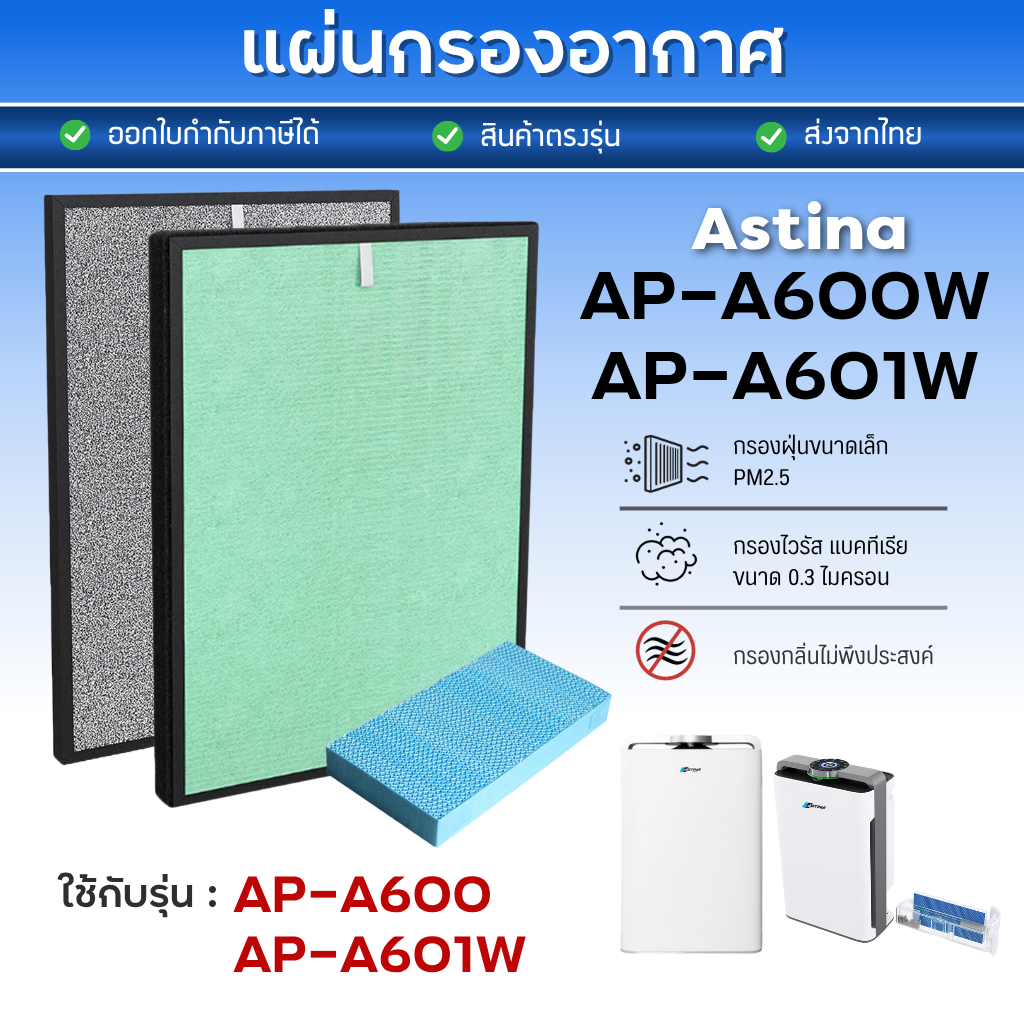 แผ่นกรองอากาศ Astina AP-A600 AP-A601 ไส้กรอง AP-A600W AP-A601W สำหรับ เครื่องฟอกอากาศ แอสทิน่า HEPA Filter