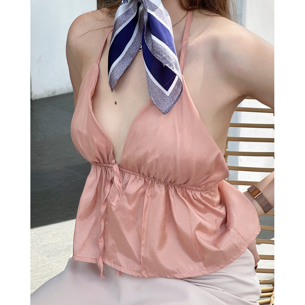 ❤️‍🔥 [ 𝐁𝐢𝐫𝐭𝐡𝐝𝐚𝐲 𝐒𝐚𝐥𝐞 𝟑𝟑.- ] 🍒 Camellia สายเดี่ยวผูกคล้องคอ เนื้อผ้าซาตินพรีเมียมเพิ่มกิมมิคแต่งผูกโบว์ด้านหน้า - รูปที่ 6