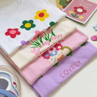 เสื้อยืดแขนสั้นเด็กหญิง เสื้อยืดเด็ก ผ้าฝ้าย100% สีพื้น ดอกไม้ เหมาะสำหรับเด็กอายุ 1-12 ปี