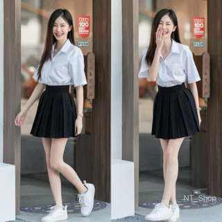 ️กระโปรงพลีทเอวมีขอบ\กระนักศึกษาพลีท(จีบใหญ/จีบทวิส)”ยาว16-18-20”[ผ้านาโน]สีดำ